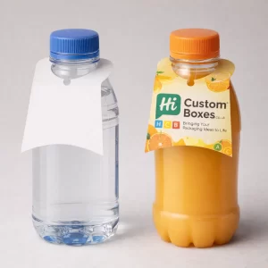 A water bottle and orange juice bottle showcasing a blank white and a branded colourful neck tag.
