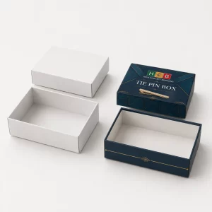 Custom printed black and white sliding drawer cardboard boxes designed for branded tie pin display.