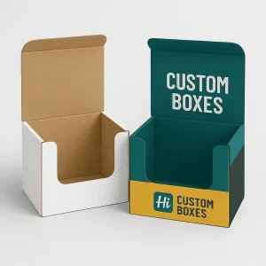 Two CBD display boxes one plain one branded with Hi Custom Boxes and HCB logo