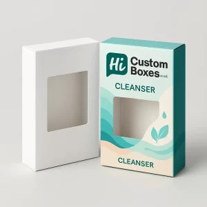 Tall white and branded straight tuck end boxes for a vertical cleanser product.