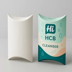 Two white and branded pillow boxes for cleanser packaging, showing curved edges.