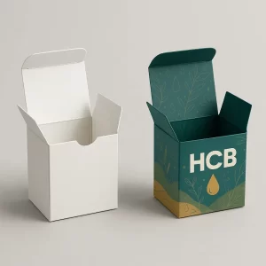 Two small, cube-shaped folding boxes, open, for concentrate product packaging.