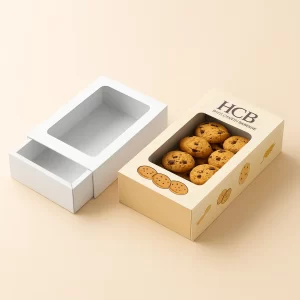 Slider style cardboard cookie boxes with clear windows for displaying gourmet chocolate chip treats.