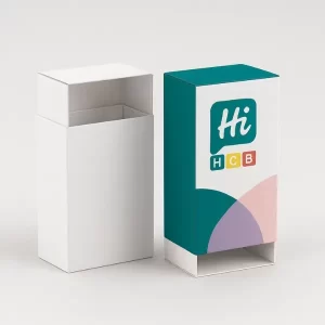 Custom two-piece rigid sleeve box with sliding insert- printed in teal and pastel branding- designed for premium retail packaging