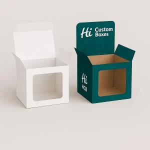 Custom candle shipping boxes with large front window shown in plain white and printed branded styles