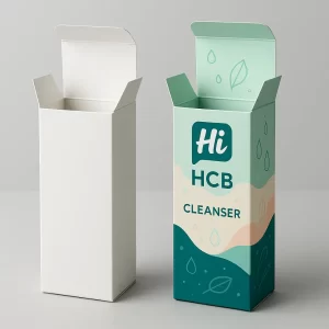 White and branded tuck-end boxes featuring a clear window for cleanser product viewing.
