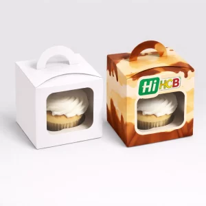 Customised fudge boxes with clear plastic windows to provide a tempting view of the sweets inside.