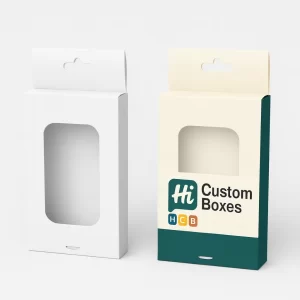 Long, narrow boxes with a hang tab and window for single handkerchief display.