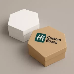Two hexagon shaped rigid boxes one plain white and one kraft box with Hi Custom Boxes branding
