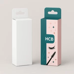 Custom hanger mascara boxes- one blank and one printed in teal and pink with eyelash graphics and hanging tab for retail display