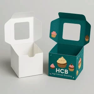 Dessert takeaway boxes with window shown in blank and printed cupcake themed designs for food packaging