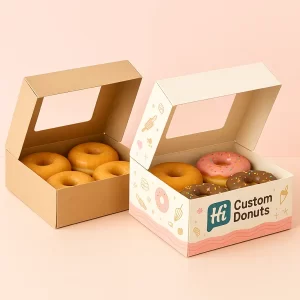 Two open donut boxes with clear windows, one plain kraft with glazed donuts, the other custom branded "Hi Custom Donuts" with assorted frosted donuts inside.