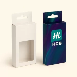 Custom e-liquid boxes with a hang tab (or euro hook) and a clear window cutout for retail hanging displays, shown in a branded design and a plain white version.