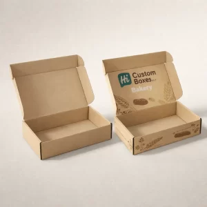 Two open eco friendly brown kraft boxes with custom bakery logos and illustrations printed on top.