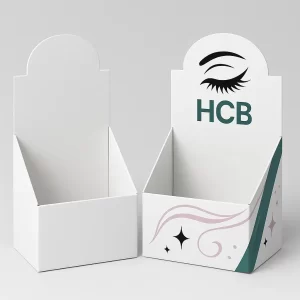 Counter display lash boxes- one plain white and one custom printed with HCB branding- large eyelash artwork- swirled pink lines- and black star icons on the front panel