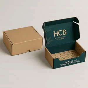 Custom cardboard mailing box with green printed interior and gold logo for retail branding.