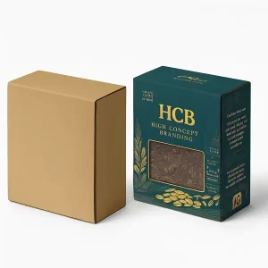 Closed plain brown cardboard box next to a branded green box with gold lettering.