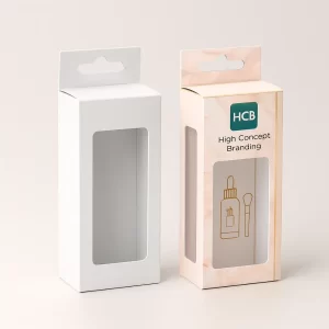 Window foundation packaging boxes with euro-hole hanger- blank and HCB marble-print versions