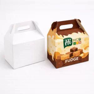 Classic cardboard fudge gable boxes with built-in handles for easy carrying and secure sweet packaging.