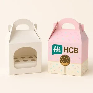 Gable-style cake pop boxes with top handles - plain and branded with a chocolate pop and sprinkles