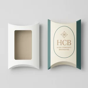 Curved pillow-style handkerchief gift boxes, one with a window, one with custom graphics.