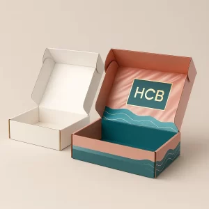Custom mailer boxes for hair bonnets, with a tropical coral and teal design.