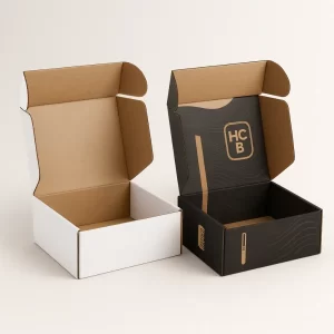 Wholesale custom hair comb packaging mailer boxes- featuring a standard white corrugated carton and a black branded shipping box with internal print and comb illustration- suitable for e-commerce and bulk shipping