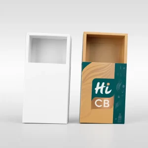 ustom rectangular drawer-style box with pull tab- One plain white sample and one printed version with Hi CB branding in teal and golden color accents