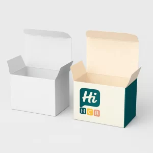 Two small, square folding boxes, open, for handkerchiefs, one custom-printed inside.