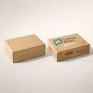 Two small brown kraft bread boxes featuring custom bakery branding and wheat illustrations on the side.