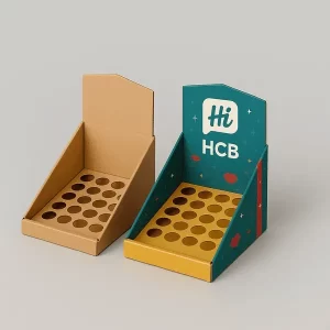 Custom lip gloss display boxes with 24 slot insert shown in kraft and printed branded versions