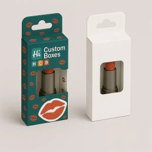 Two lipstick packaging boxes with hang tabs one plain white and one printed with Hi HCB branding