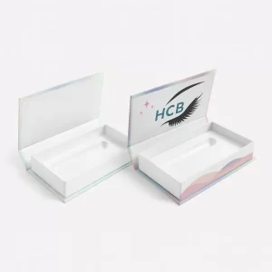 Open rectangular rigid boxes for lash packaging- one plain white and the other printed with pastel wave designs- showing HCB branding and lash artwork inside the lid