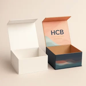 Luxury magnetic rigid boxes for hair bonnets, open with custom artwork.