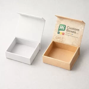 Two small square flip-top boxes, one plain white and one brown kraft paper with floral branding.