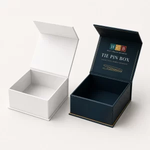 Open rigid luxury boxes featuring a magnetic closure lid for upscale retail tie pin packaging.