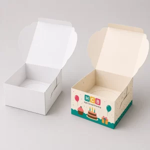 Two square white cardboard boxes, one plain and one featuring colourful birthday balloon illustrations.