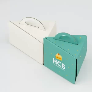 Two triangle cake slice boxes one plain white one printed with HCB logo and starry green design
