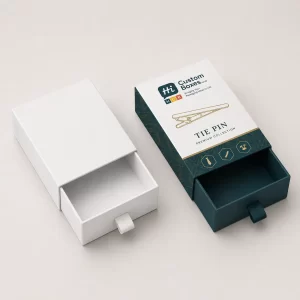 Bespoke two piece rigid presentation boxes with cardboard lids for premium tie pin gift packaging.