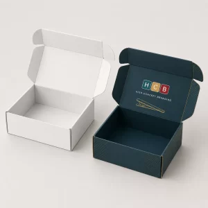 Customisable navy and white cardboard mailer boxes for mailing online orders of fashion tie pins.
