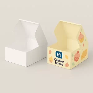 Two open bakery boxes one plain white one yellow with Hi Custom Boxes branding and pastry icons