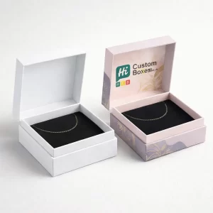 Square luxury gift boxes with matching lids and bases- showcasing gold anklets against dark velvet