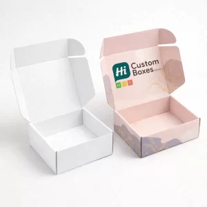 Open cardboard mailer boxes in white and lilac floral print- ideal for secure jewellery shipping
