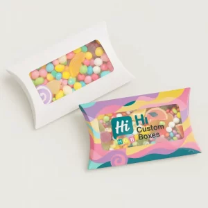Two bespoke pillow boxes filled with colourful sweets- featuring a clear window and vibrant patterns