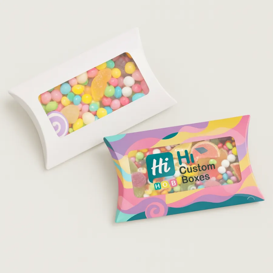 Two bespoke pillow boxes filled with colourful sweets- featuring a clear window and vibrant patterns