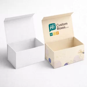Deep rectangular magnetic closure boxes shown open- displaying a clean white and patterned cream finish