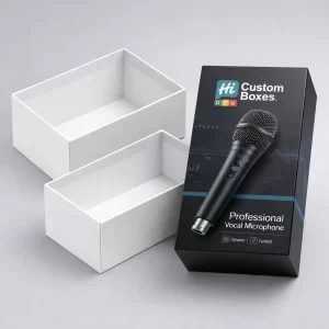 Two open white rigid boxes shown next to a premium black printed microphone display box.