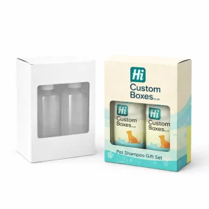 Two gift set boxes with windows- displaying multiple pet shampoo bottles in plain and branded styles