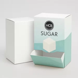 Bespoke sugar boxes including a branded dispenser box with a large sugar cube graphic and logo