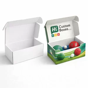 A plain white mailer box beside a branded version with a custom printed interior lid and logo